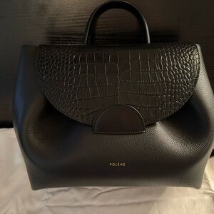 Polene Numero Un Black Croc and Pebbled Leather Handbag